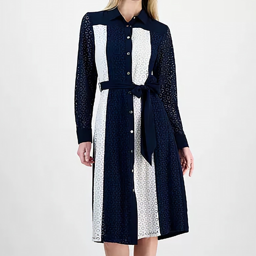 T Tahari Colorblocked Mixed Media Belted Dress Collared Navy White Womens L NWT